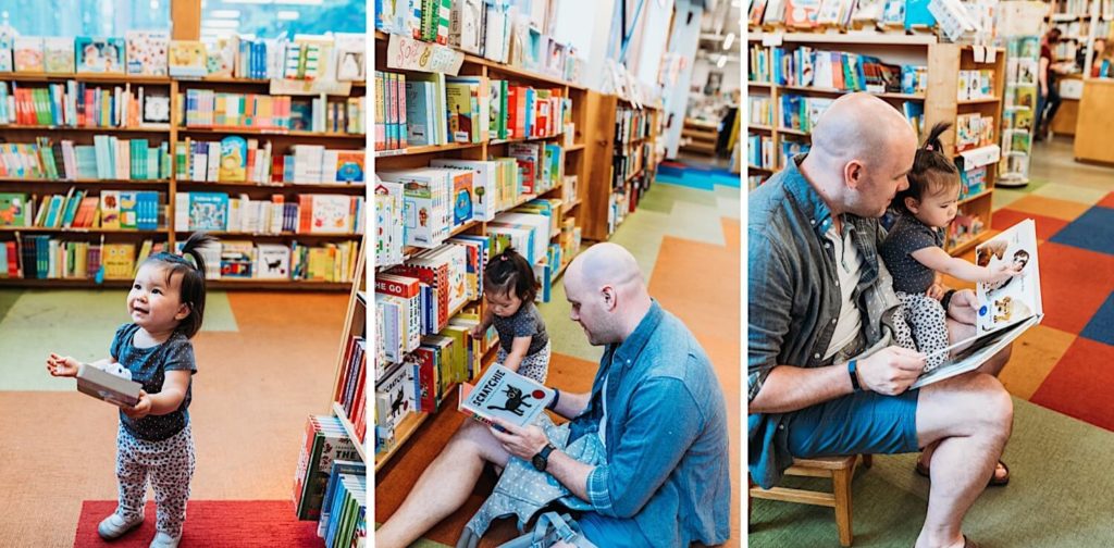 father and daughter in bookstore reading children's books together